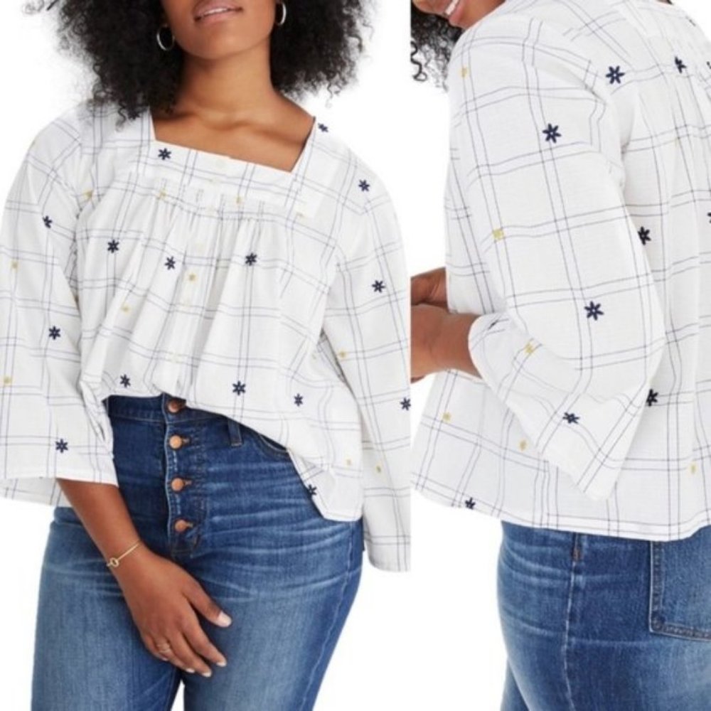 Madewell XS Cotton Window Pane Plaid Navyl Long Sleeve Embroidered Blouse Top